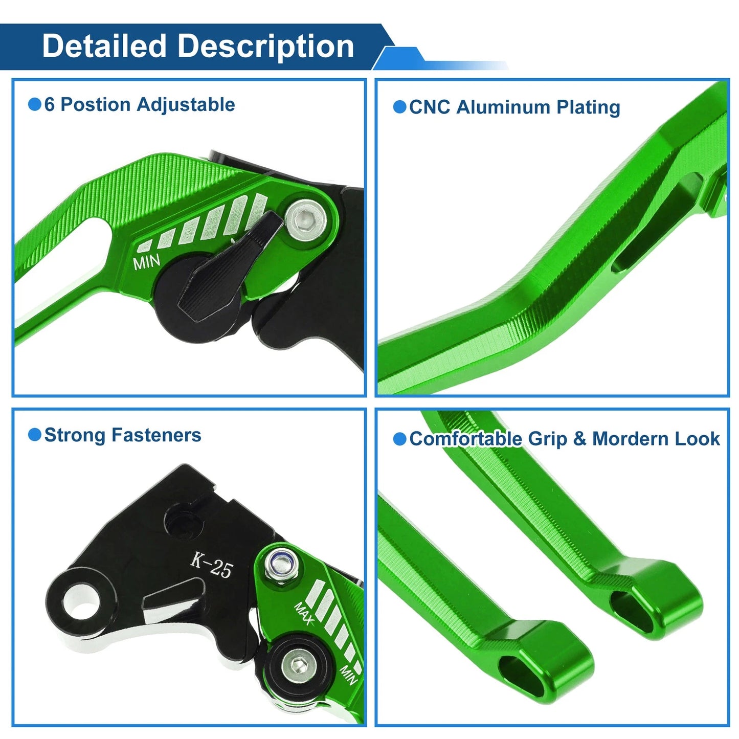 6-Speed Adjustable Brake Clutch Levers for Kawasaki Z400 (2019–2023) Green