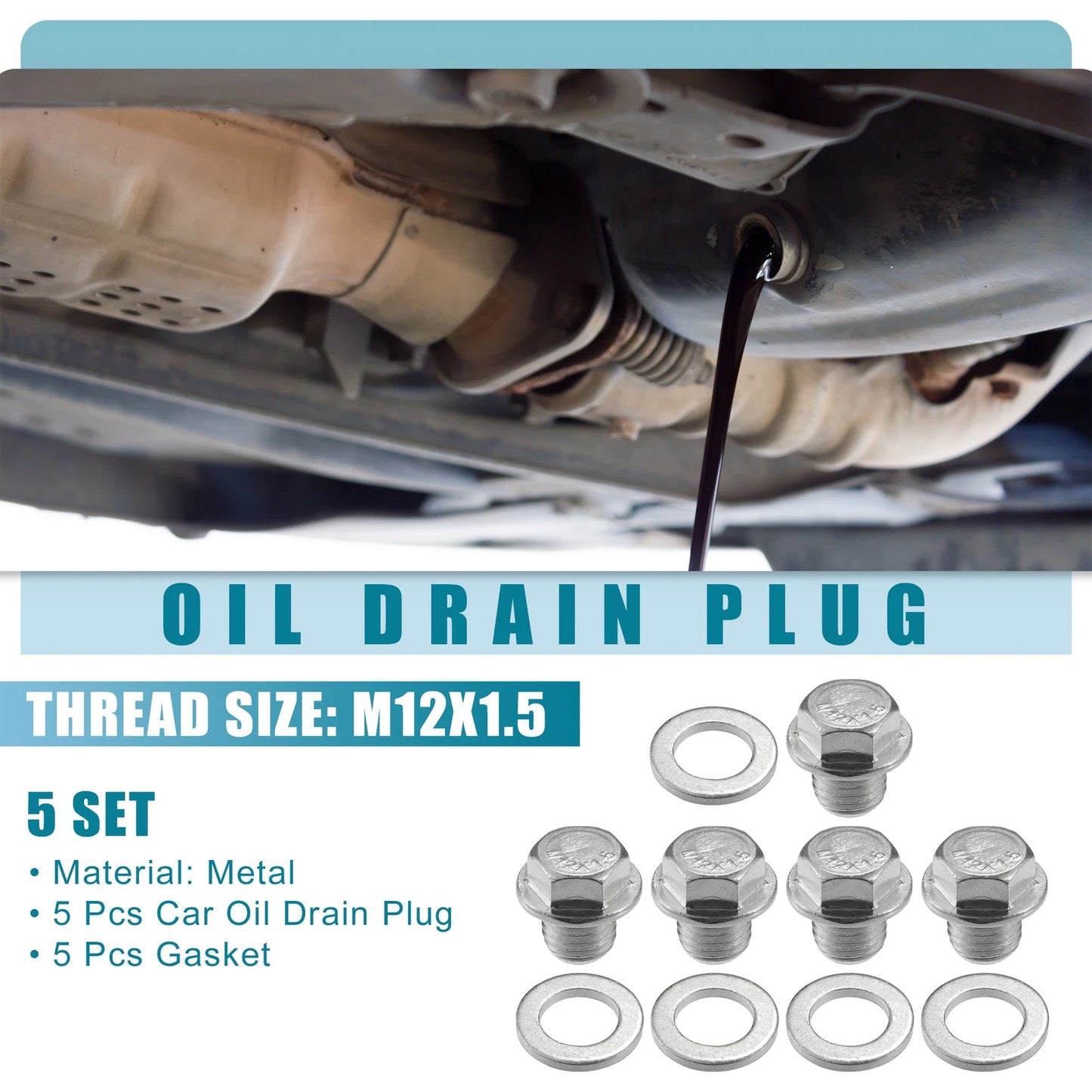 Set of 5 Universal Car Oil Drain Plug with Gasket M12x1.5