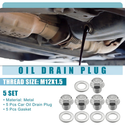 Set of 5 Universal Car Oil Drain Plug with Gasket M12x1.5
