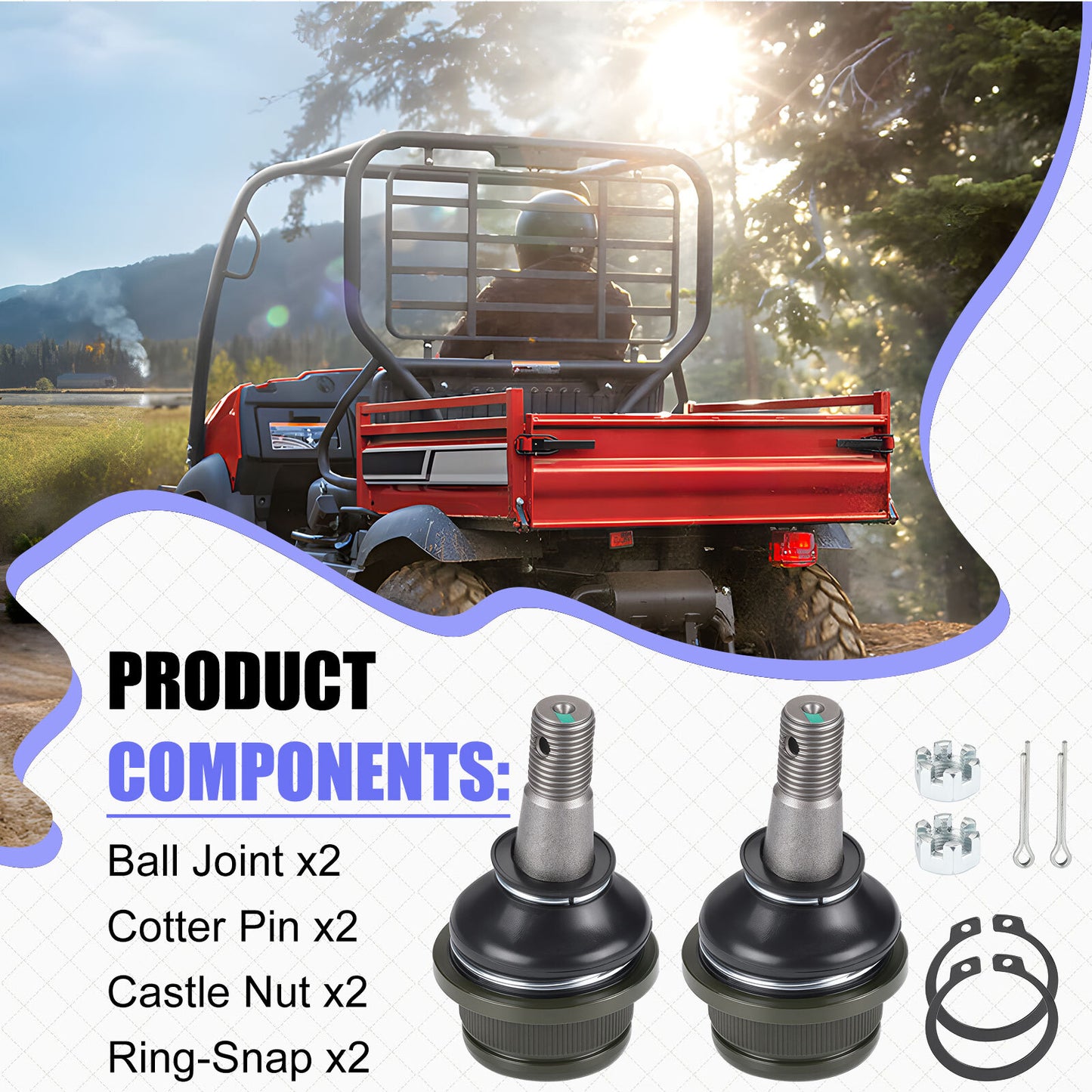 2X Front Lower A Arm Ball Joint for Kawasaki Mule 600 610 (2010–2020)