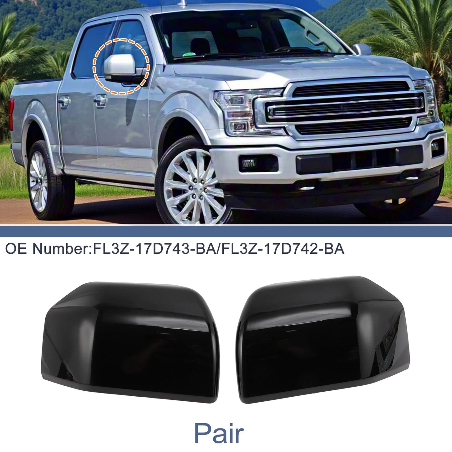 Pair of Mirror Cover Cap for Ford F-150 (2015–2020) FL3Z-17D743-BA Glossy Black