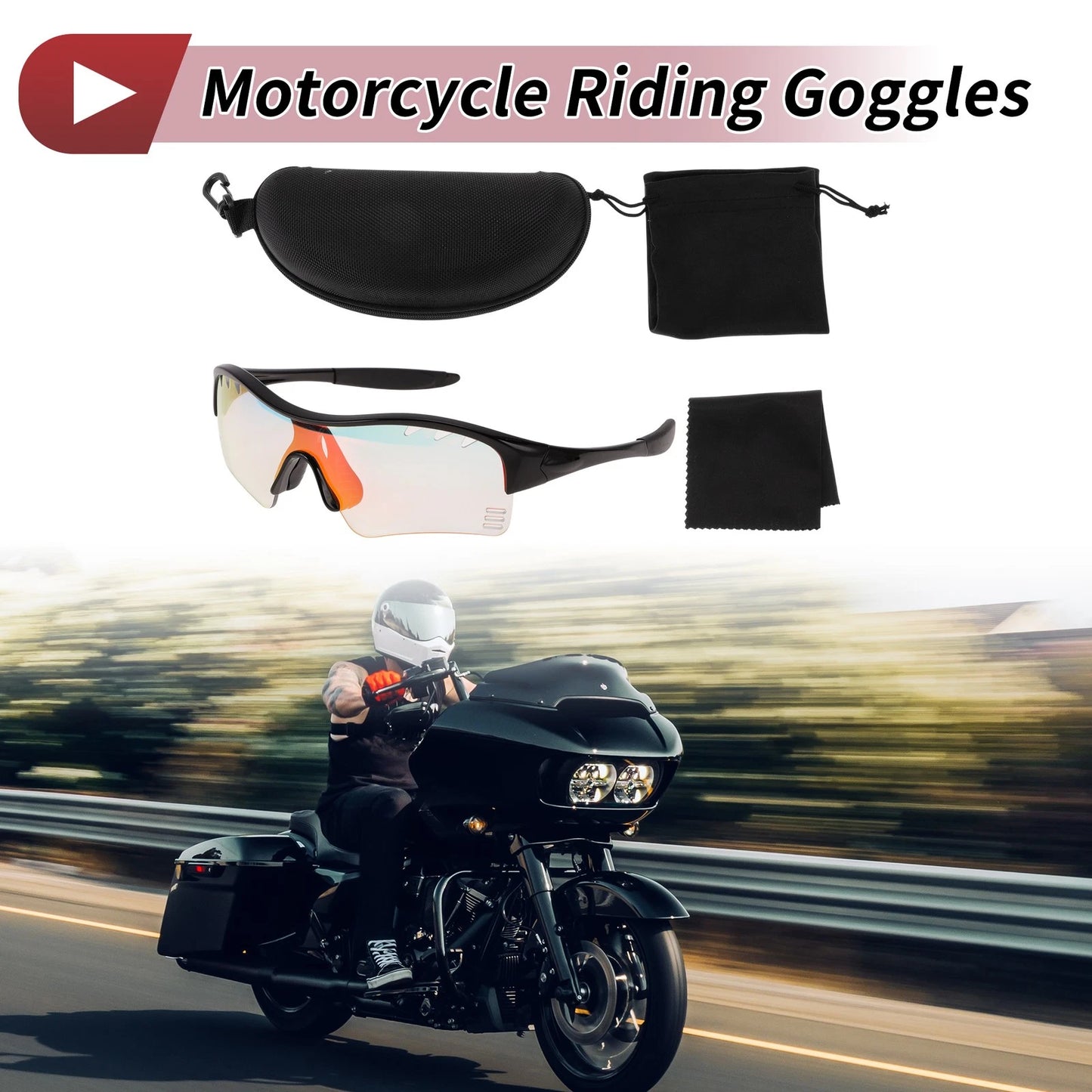 Motorcycle Riding Goggles for Motorcycle (Light Red Lens, Black Frame)