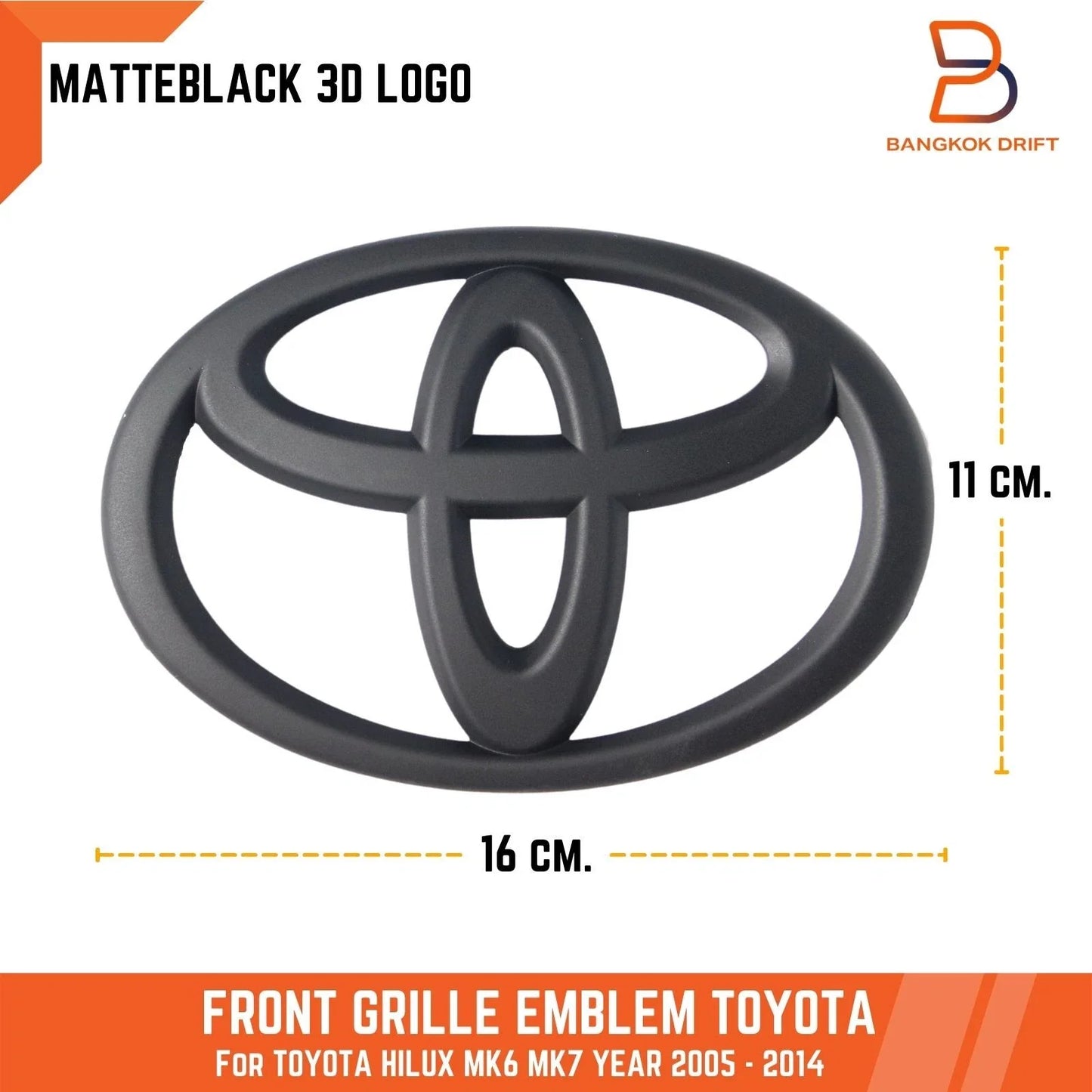 Matte Black 16cm Grille Logo Emblem Badge for Toyota Hilux Vigo (2005-2014)