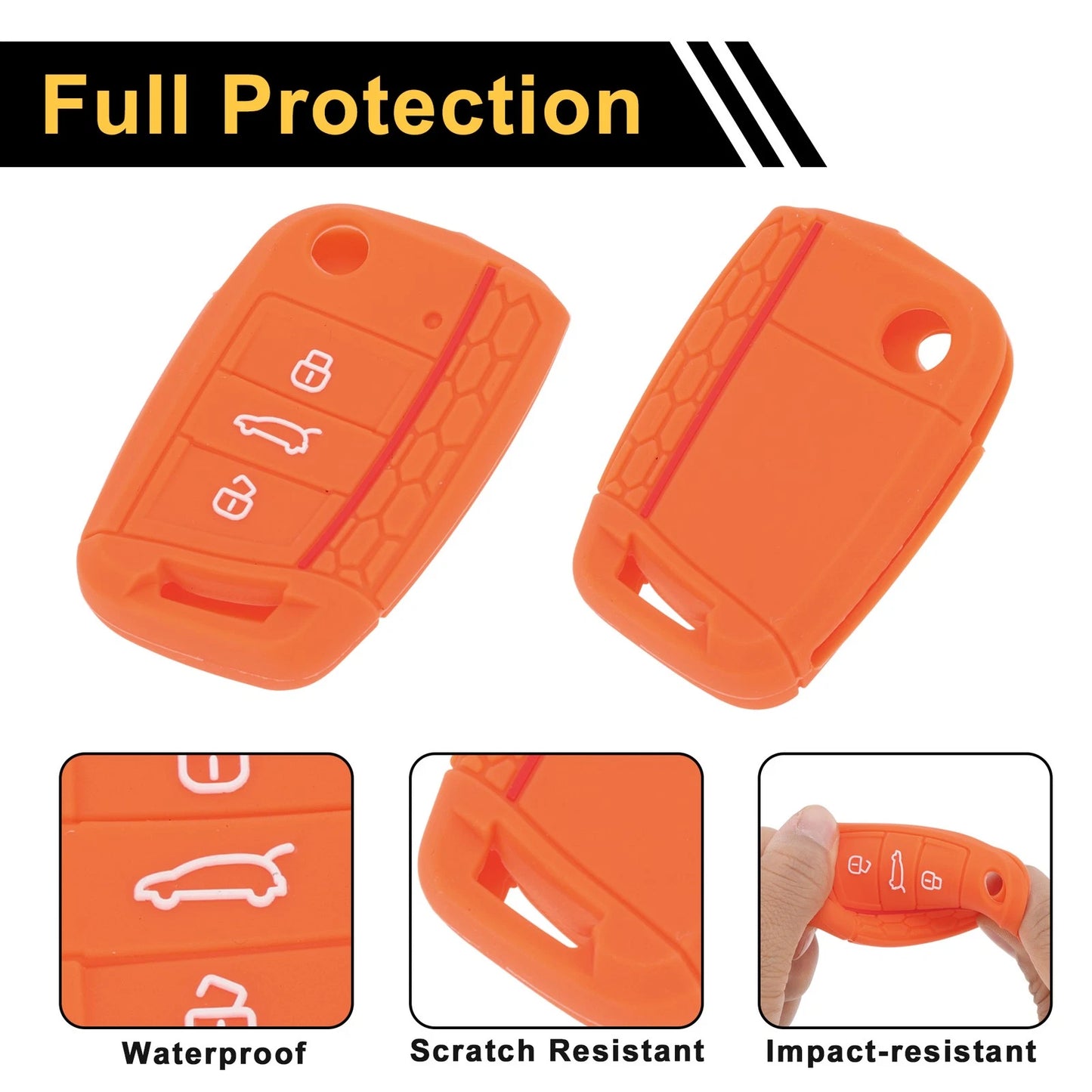 Silicone Car Key Case for VW Golf 7 (2013–2020) - 3 Buttons, Orange Red