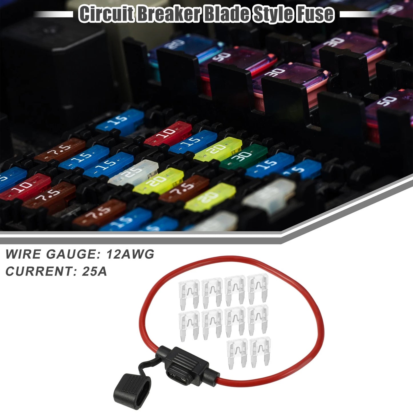 Set of 25A Mini Blade Fuses with 12 AWG Fuse Holder