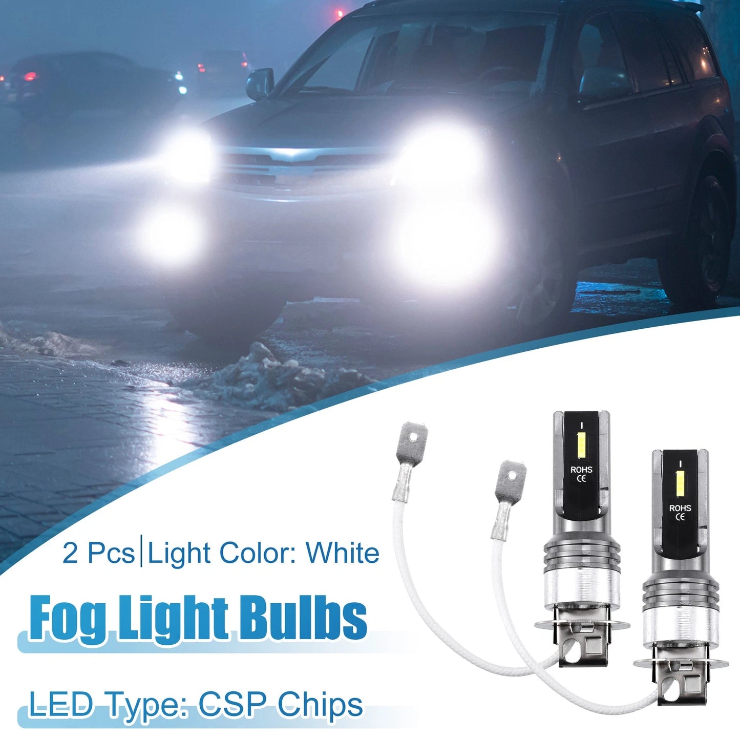 Set of 2 LED Fog Light Bulbs for Auto Car H3 (CSP Chips, 80W, White)