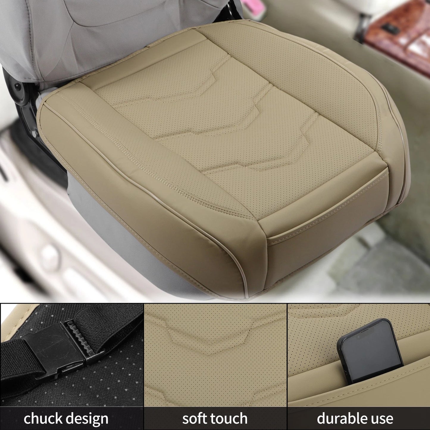 Bottom Seat Pad Cover for Car (Beige, Punched Polygon Pattern, Semi-Wrapped)