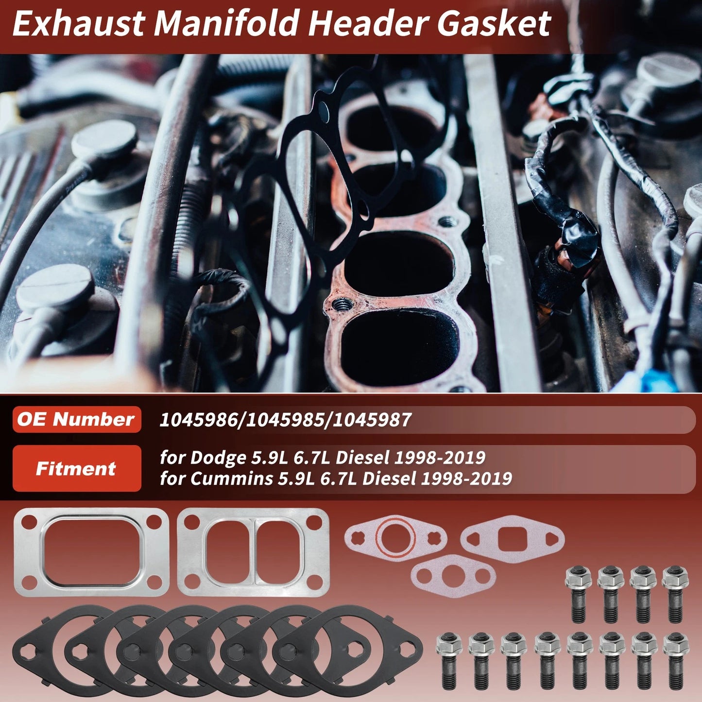 Exhaust Manifold Gaskets Kit Stud Nut for Dodge Cummins 5.9L 6.7L (1998–2019)