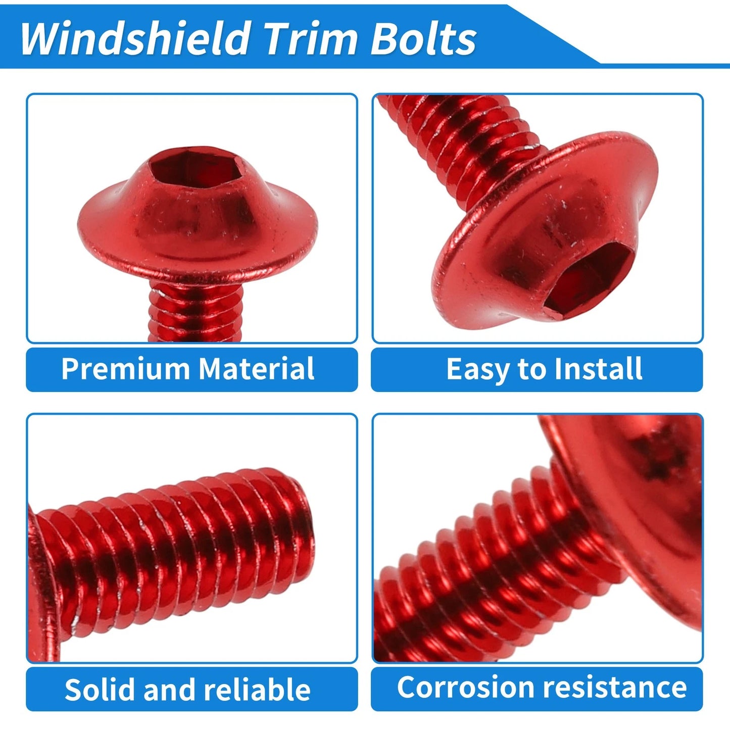 Windshield Bolts Set of 4 for Kawasaki Yamaha Suzuki (Stainless Steel Rubber Red)
