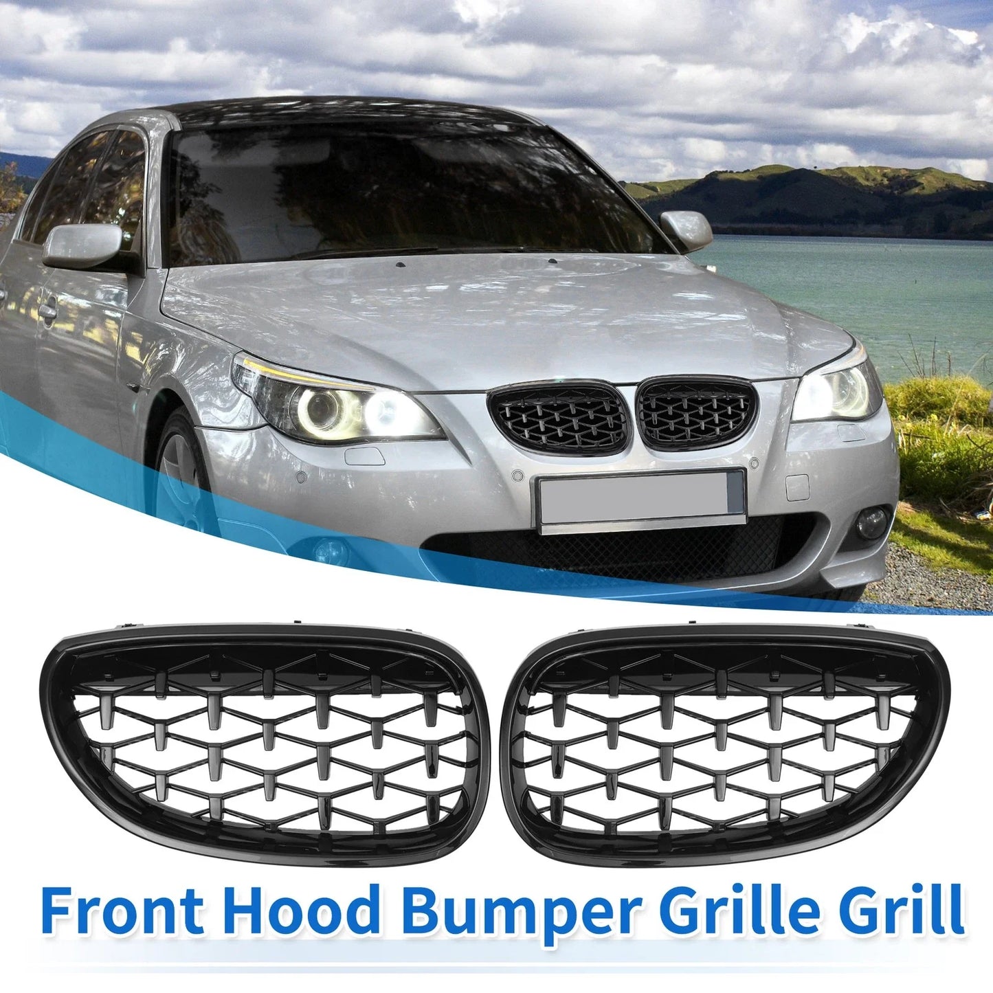 Pair Front Hood Bumper Grille for BMW 5 Series E60 (2004-2009) Black