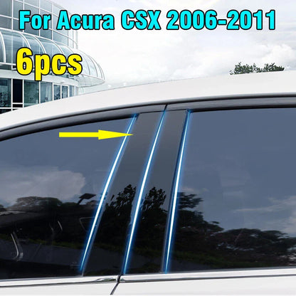 6PCS Glossy Black Window Pillar Posts Door Trim Cover for Acura CSX (2006–2011)