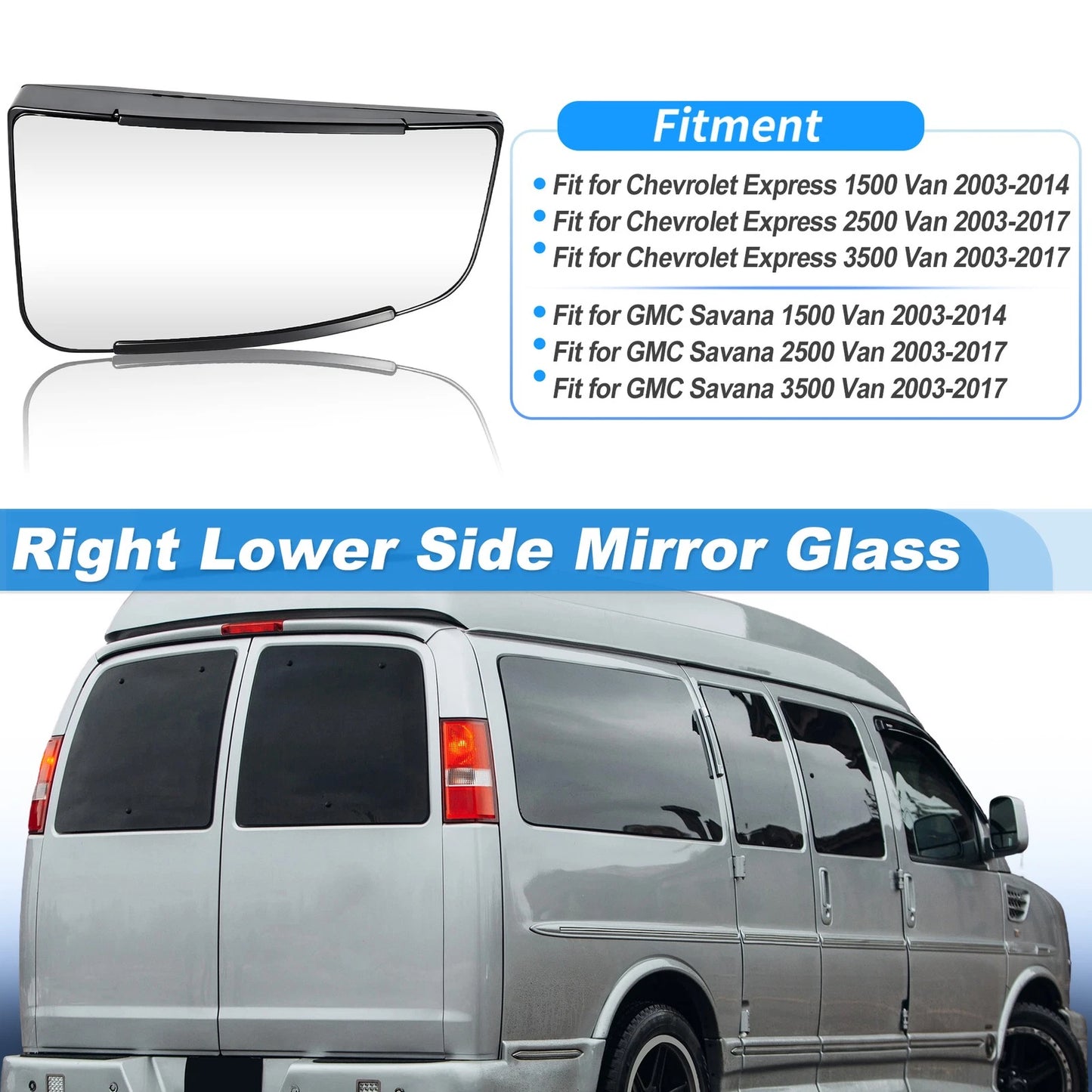 Right Lower Side View Mirror Glass for Chevrolet Express 1500 (2003–2014)