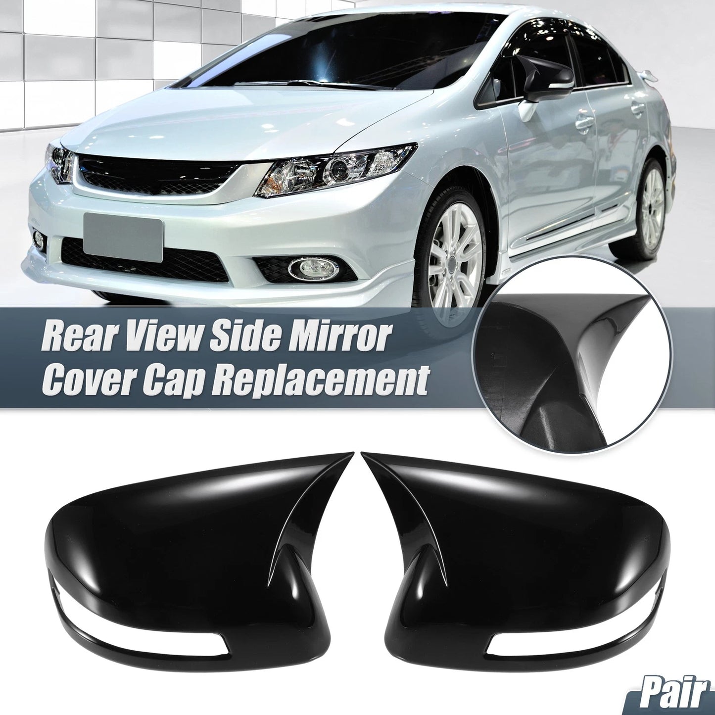 Pair Rearview Mirror Cover Overlay Gloss Black for Honda Civic (2012–2015)