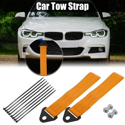 Set of 2 Front Bumper Tow Straps with Rope Hook - Orange