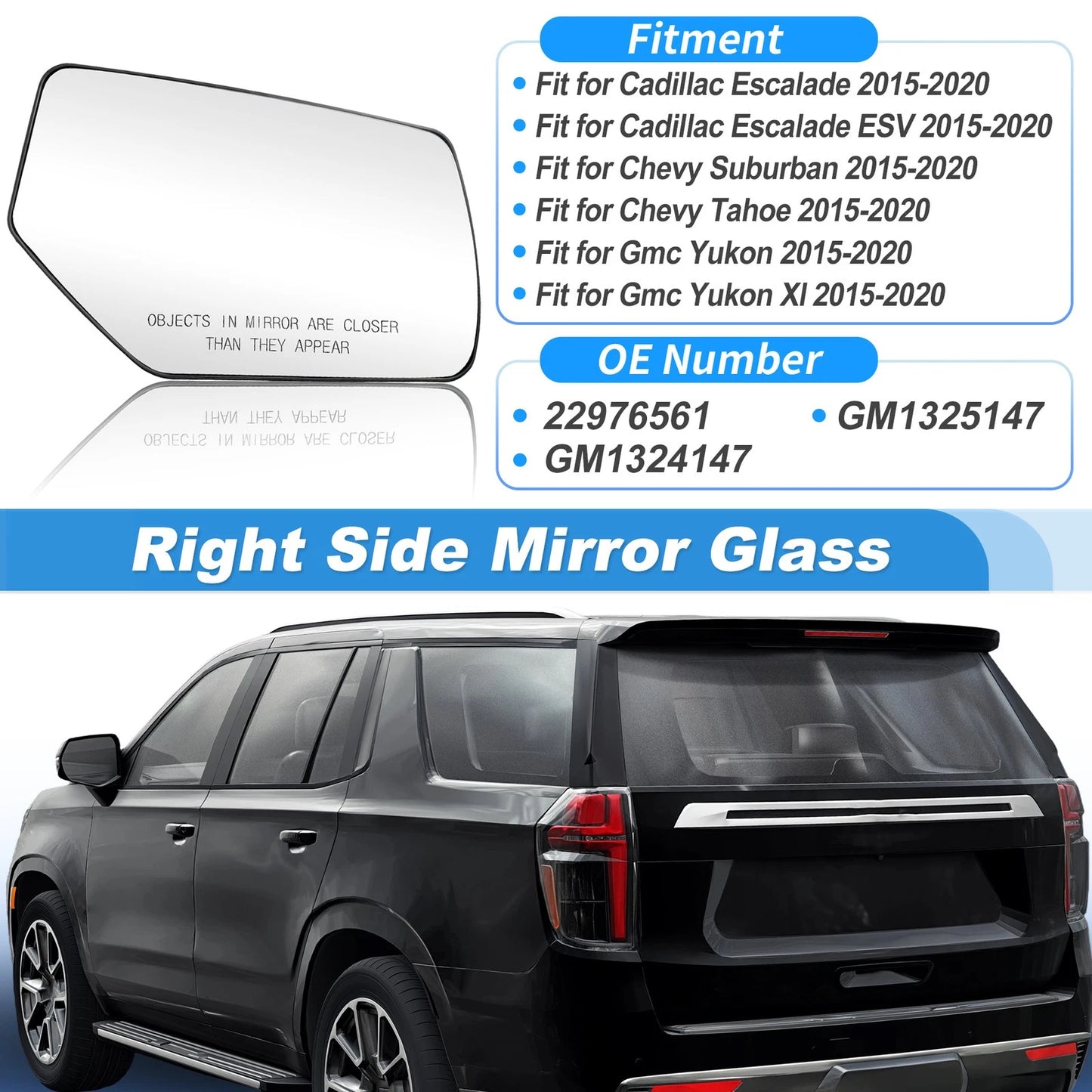 Right Side Heated Mirror Glass for Chevy Suburban Tahoe (2015–2020) 22976560