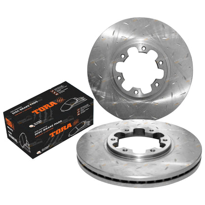 Set of 2 Drilled & Slotted Disc Rotors + Brake Pads for Pathfinder R50 (1999–2005)