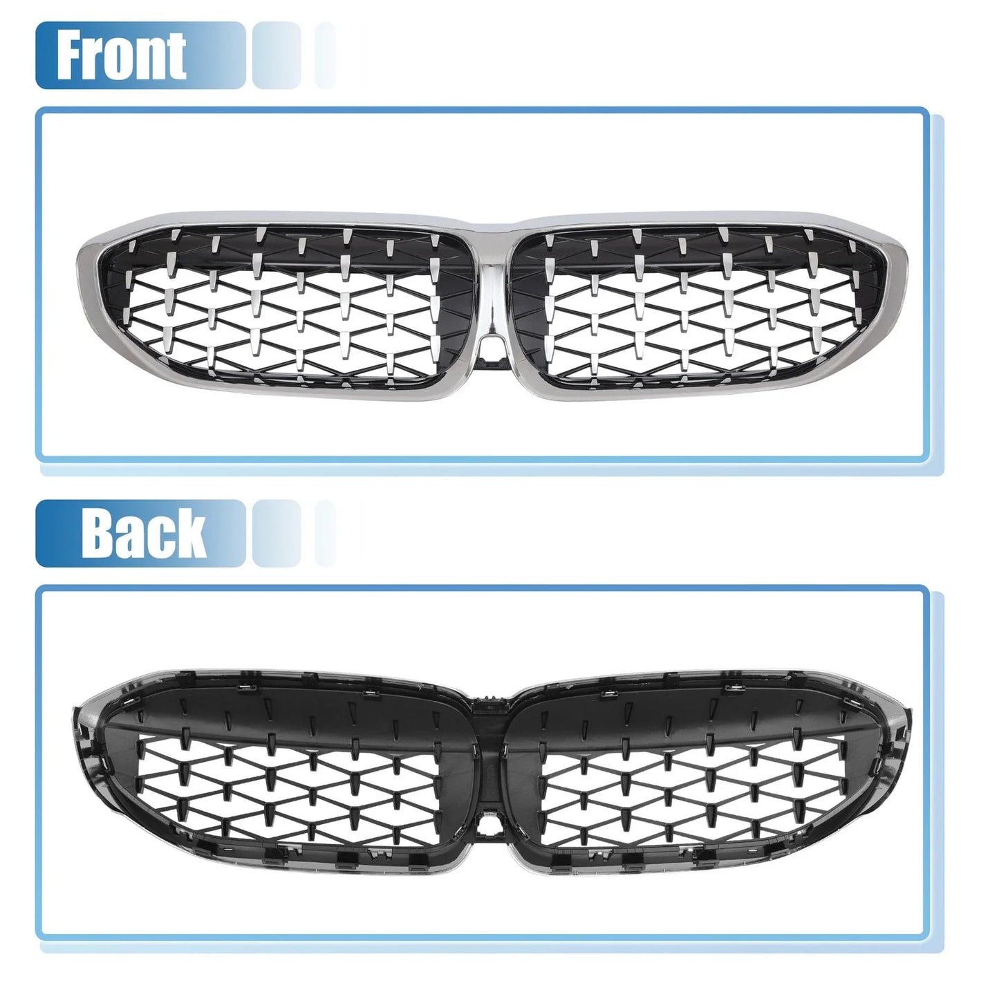 Front Hood Bumper Grille for BMW 330i 330e M340i Diamond Star Silver Tone