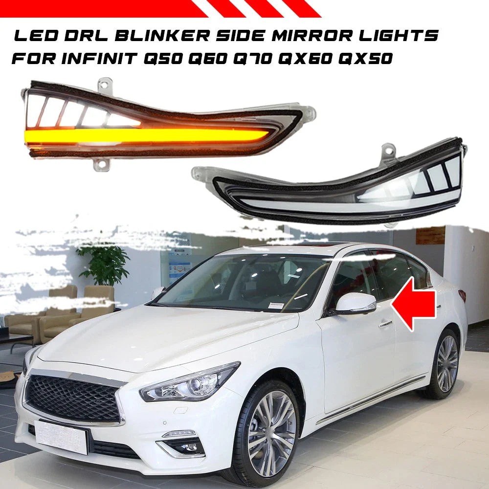 Black LED Mirror Dynamic Sequential Turn Signal Light DRL for Infiniti Q50 Q60