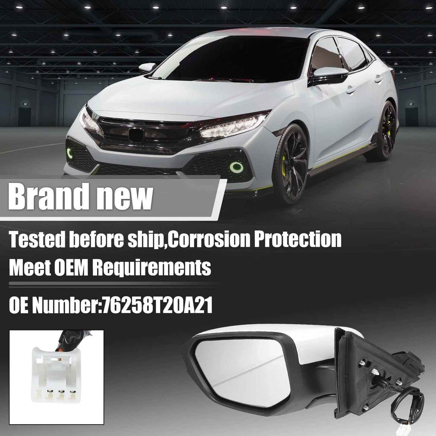 Left Side Exterior Door Mirror Assembly White for Honda Civic (2016-2021)