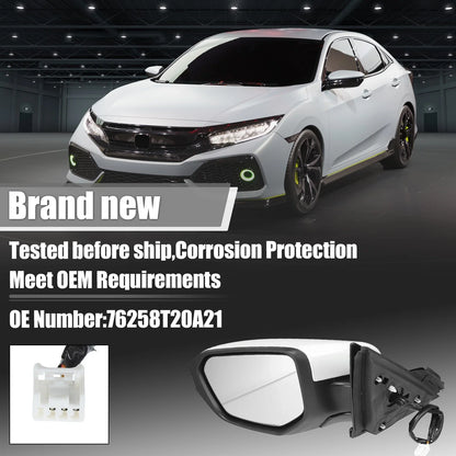 Left Side Exterior Door Mirror Assembly White for Honda Civic (2016-2021)