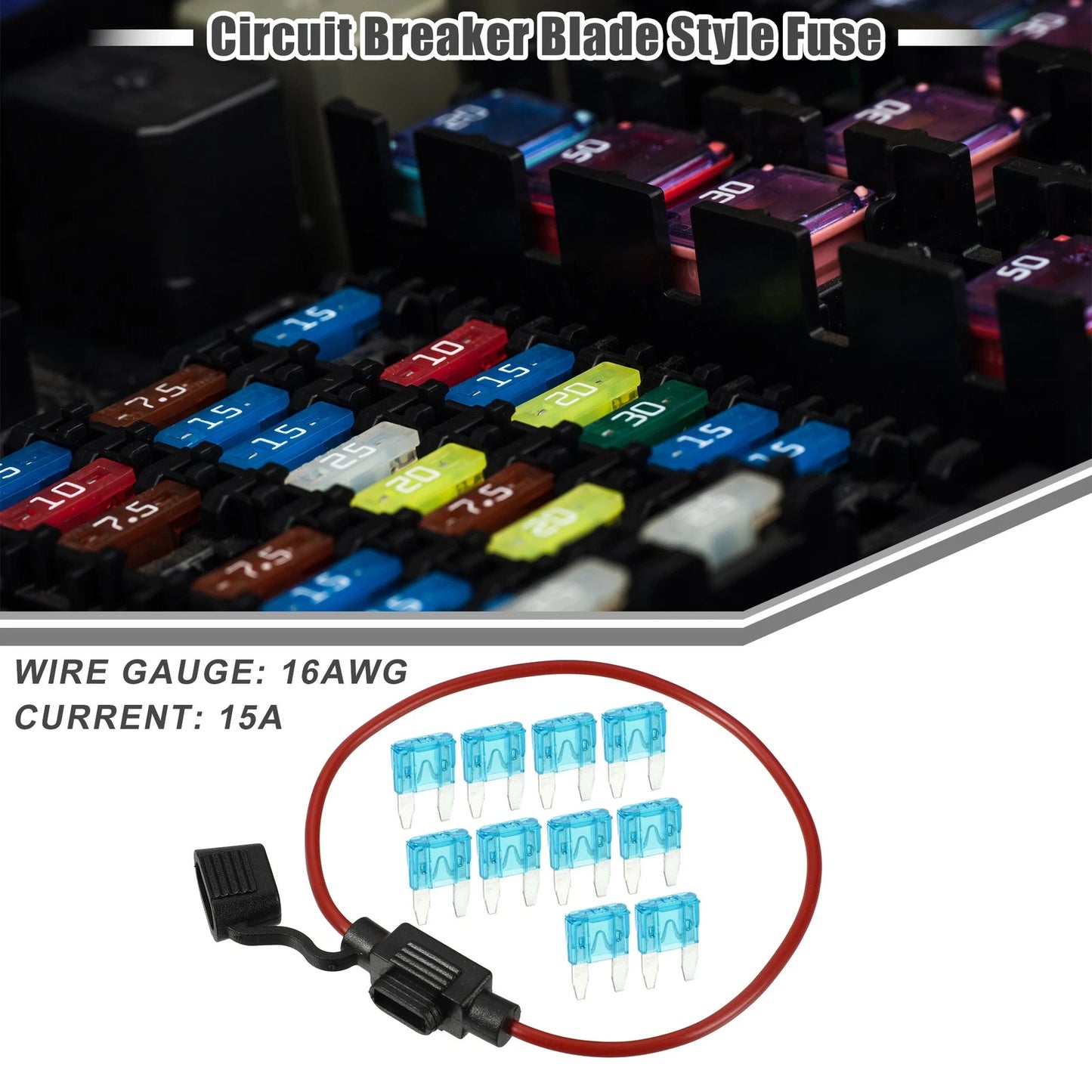 Set of 15A Mini Blade Fuses with 16 AWG Fuse Holder for Universal Use