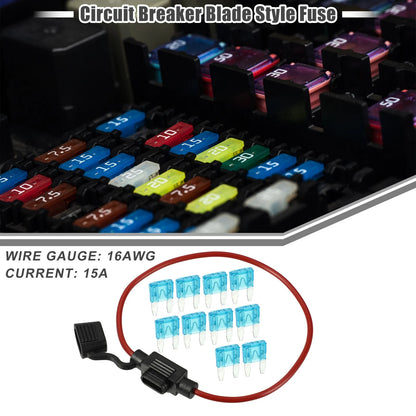 Set of 15A Mini Blade Fuses with 16 AWG Fuse Holder for Universal Use