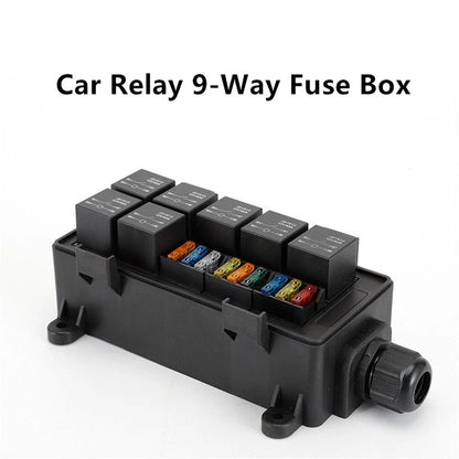 12V 9-Way Fuse Relay Box w/ 4-Pin 40A Relays & Fuses for Car Accessories