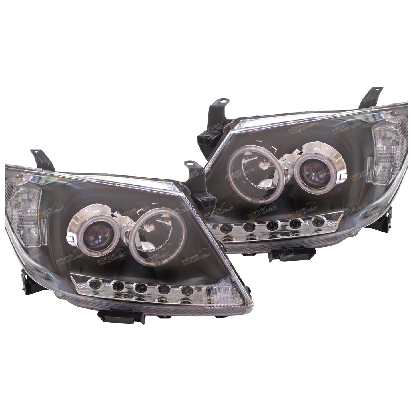2X LED Black Projector Headlights for Toyota Hilux (2005–2011) Angel Eye DRL
