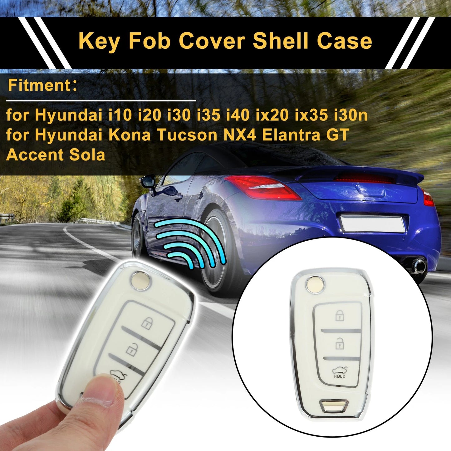 TPU Silicone Car Key Case for Hyundai i10 (2010–2023) - White/Silver Trim