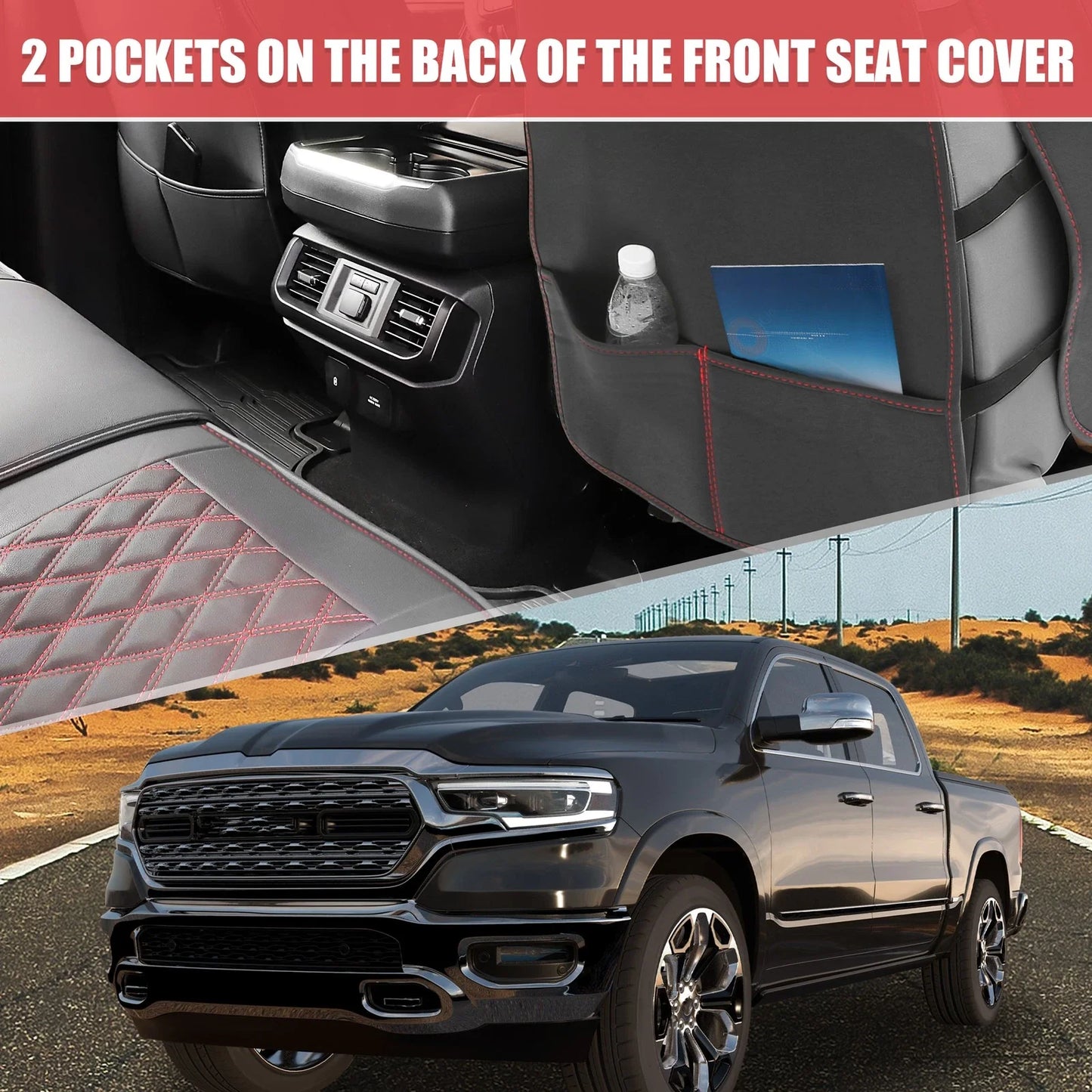 Car Front Rear Seat Covers for Dodge Ram 1500 2009-2023 Black Red 5 x Pcs