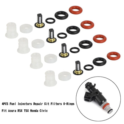 Set of 4 Fuel Injectors Repair Kit Filters O-Rings for Acura RSX TSX Honda Civic