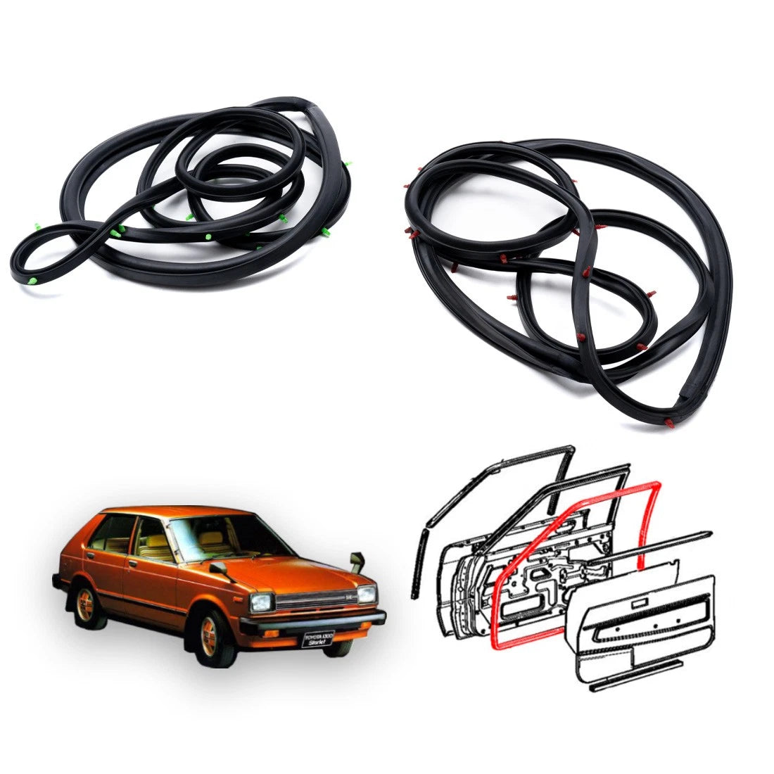 Set of 2 Front Door Weatherstrip Seals for Toyota Starlet (1978–1984)