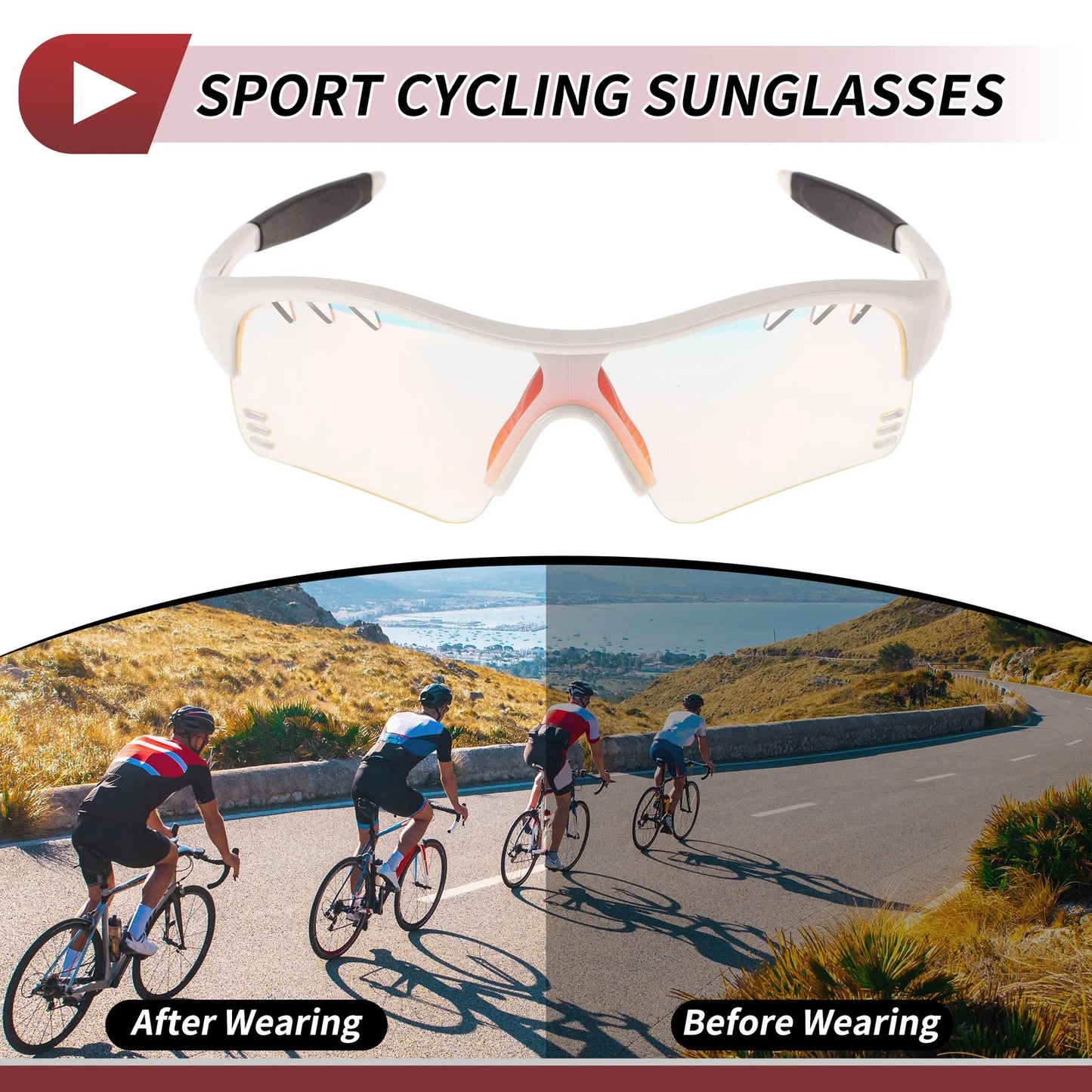 Motorcycle Riding Goggles for Various Models (Light Red Lens, White Frame)