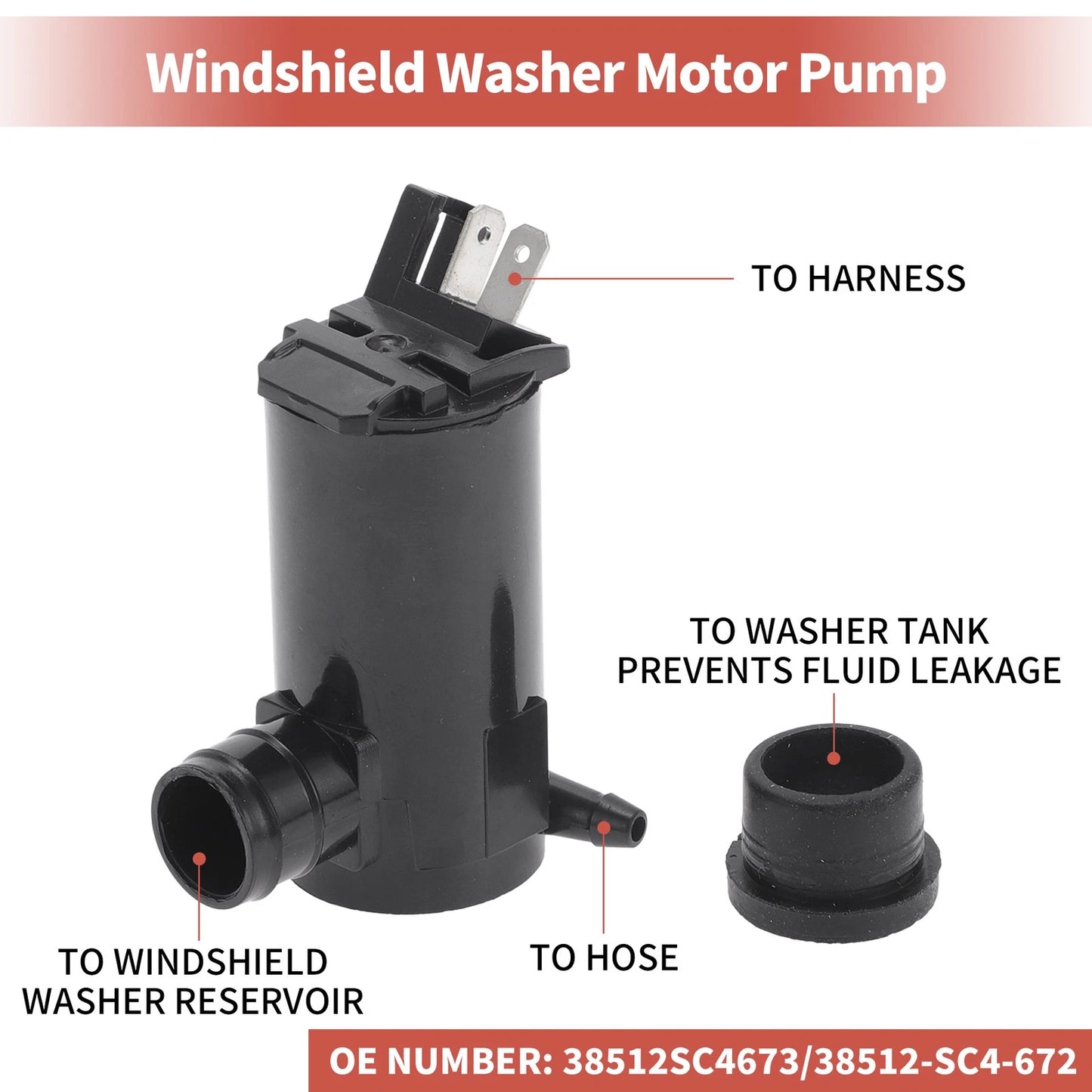 Windshield Washer Pump w/Grommet for Honda (No. 38512SC4673)