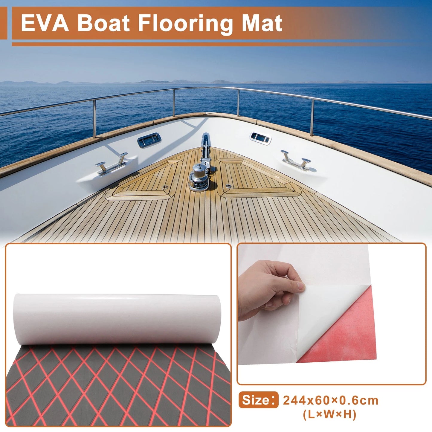 Self-Adhesive Boat Flooring Strip 96" L x 24" W Dark Gray with Red Line