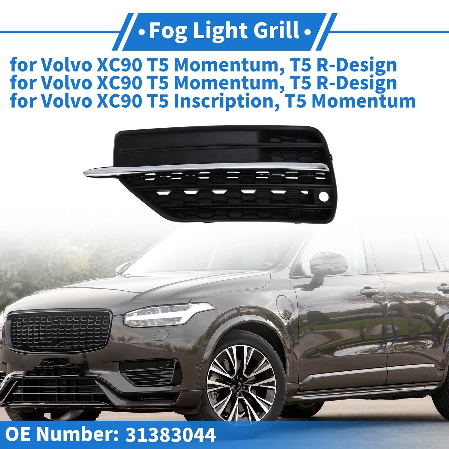 Front Bumper Fog Light Cover No. 31383044 for Volvo XC90 (2016–2023) Black Silver Tone