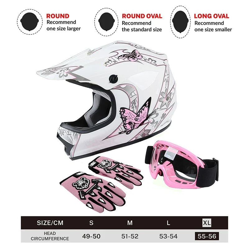 Youth ATV Helmet DOT Full Face Off-Road Racing for Kids - Pink/White (S-XL)