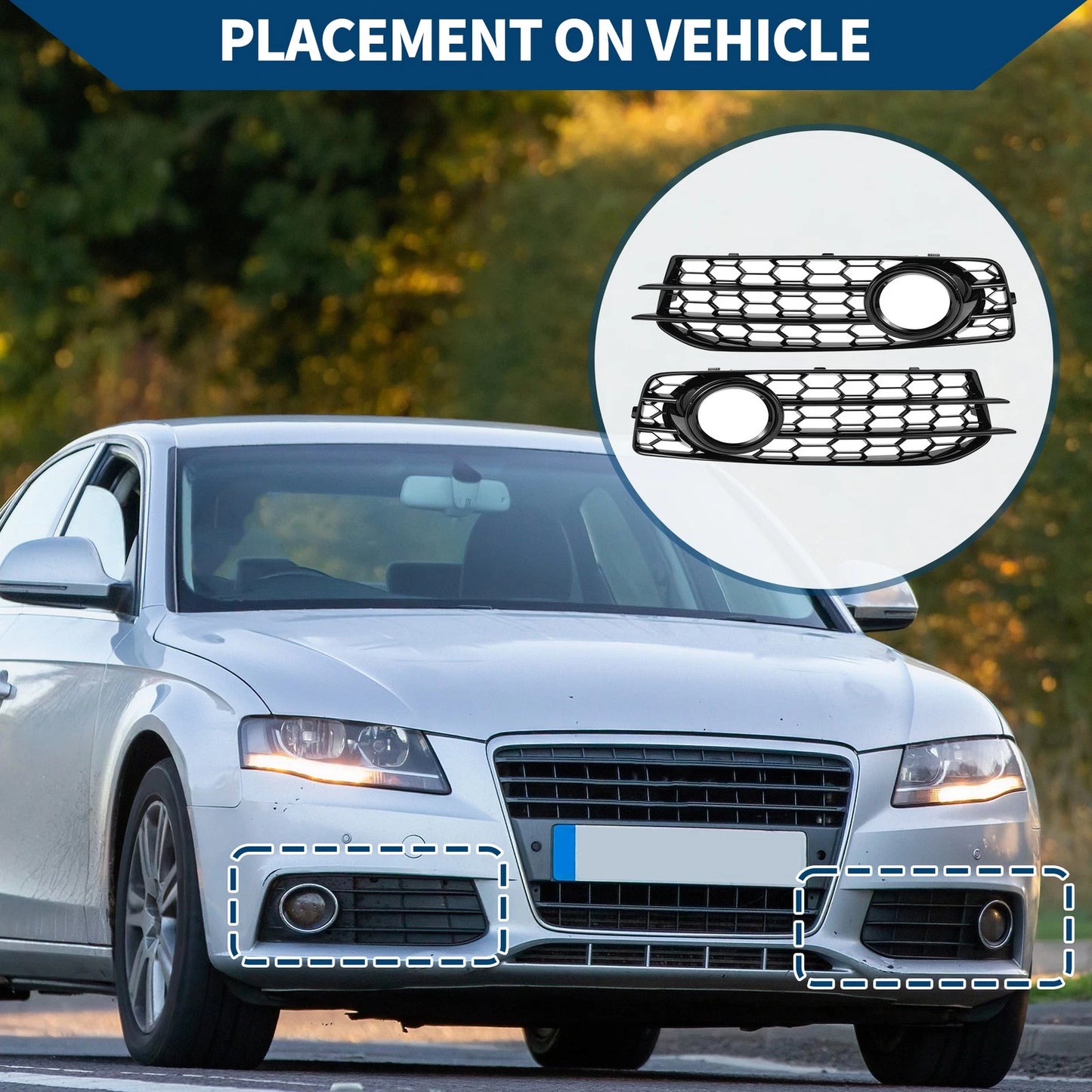 1 Pair Front Fog Light Grill for Audi A3 (2003–2012) No. 8P0807682K/8P0807681AF Black