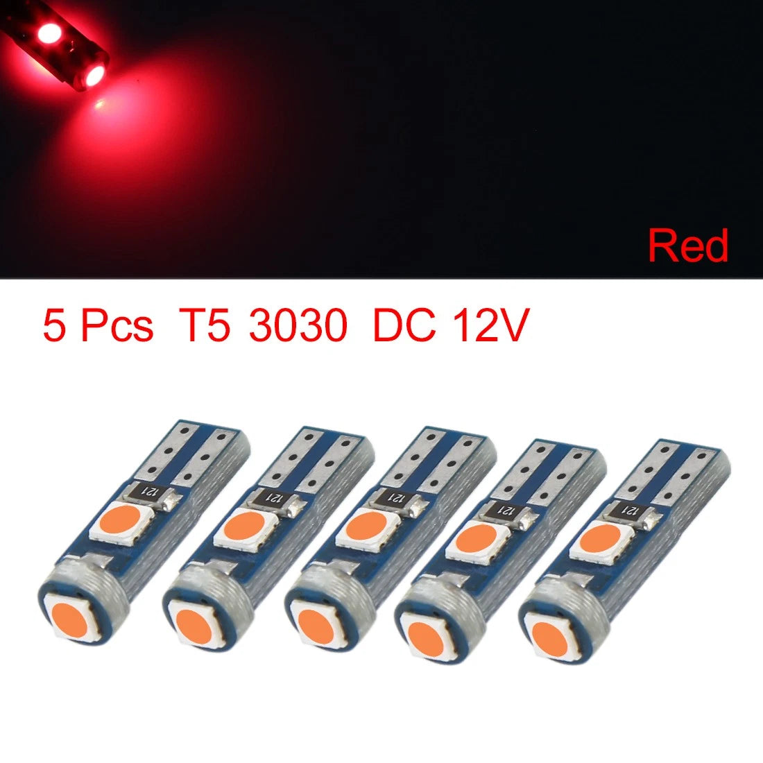 5 Pcs T5 3030 Canbus Red LED Indicator Light Bulb for Automotive