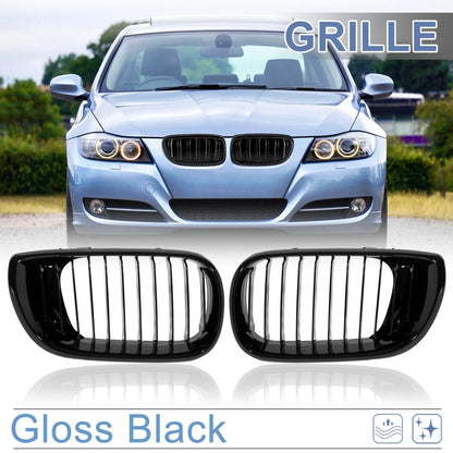 Pair Gloss Black Front Kidney Grille for BMW E46 3 Series (2002 - 2004)
