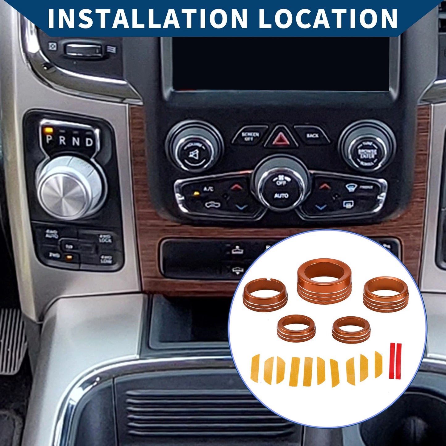 Set of 5 AC Gear Shift Headlight Media Knob Covers for Dodge RAM (2013–2017) Orange