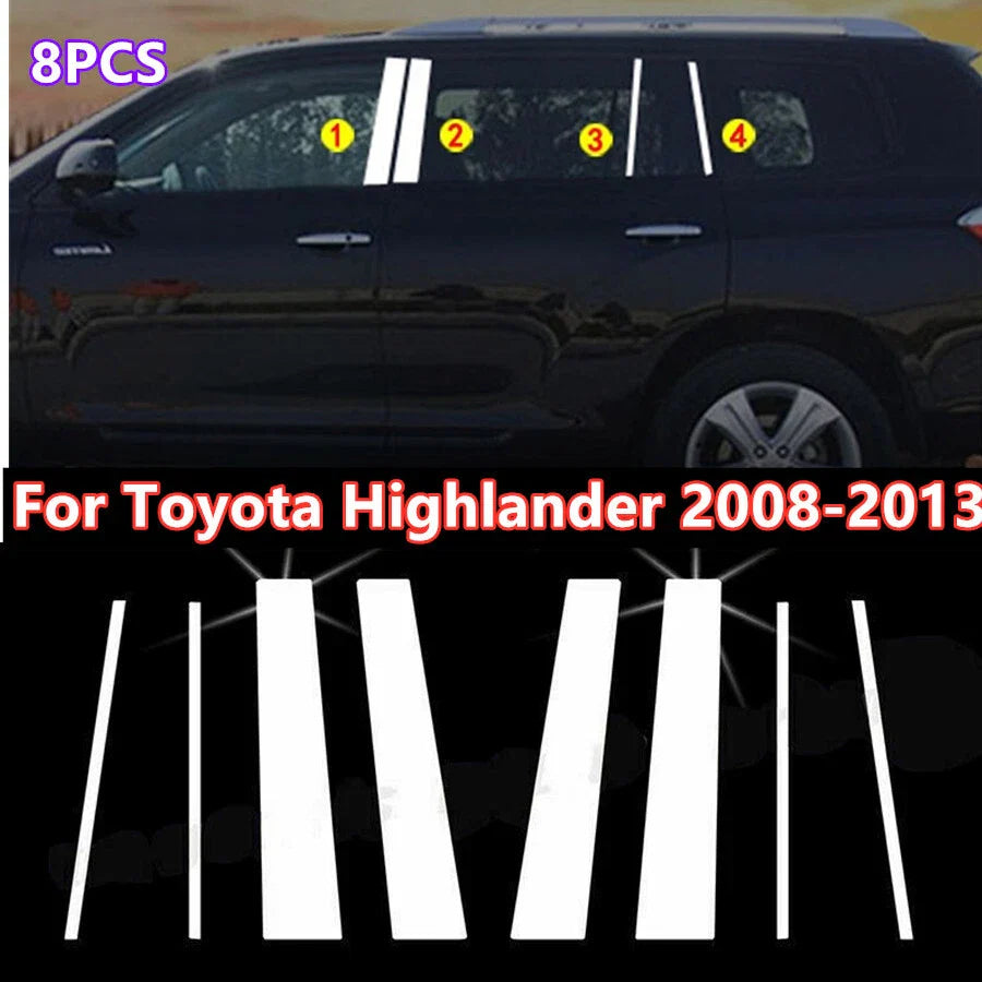 8X Stainless Steel Chrome Door Pillar Post Cover for Toyota Highlander (2008–2013)