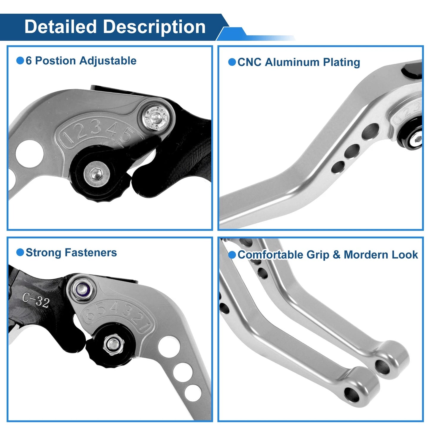 Set of 2 Short Brake Clutch Levers for Yamaha YZF-R25 (2014–2015) Silver Tone