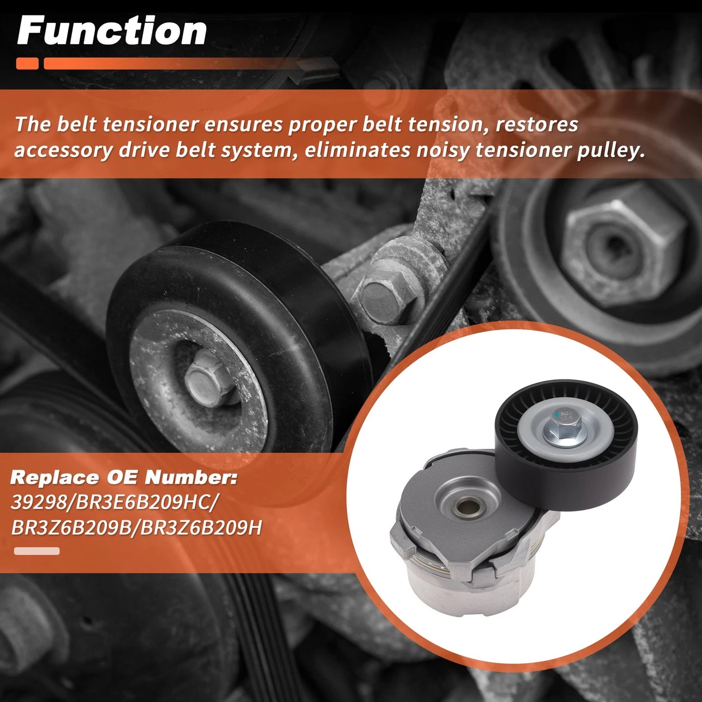 Drive Belt Tensioner Assembly with Pulley for Ford Mustang F-150 (BR3E6B209HC)