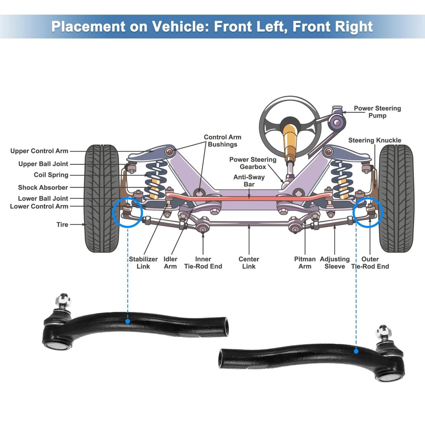 2pcs Front Inner Outer Tie Rod End Links ES80287 ES80288 for Honda Acura TSX (2004–2014)
