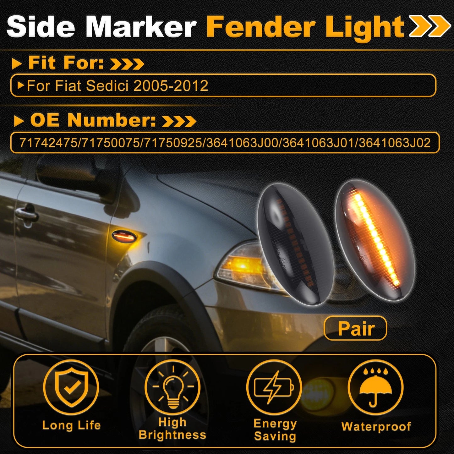 Dynamic LED Amber Side Marker Fender Light 71742475 for Fiat Sedici (2005–2012)