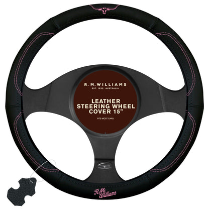 Leather Steering Wheel Cover for R.M. Williams (Black/Pink)