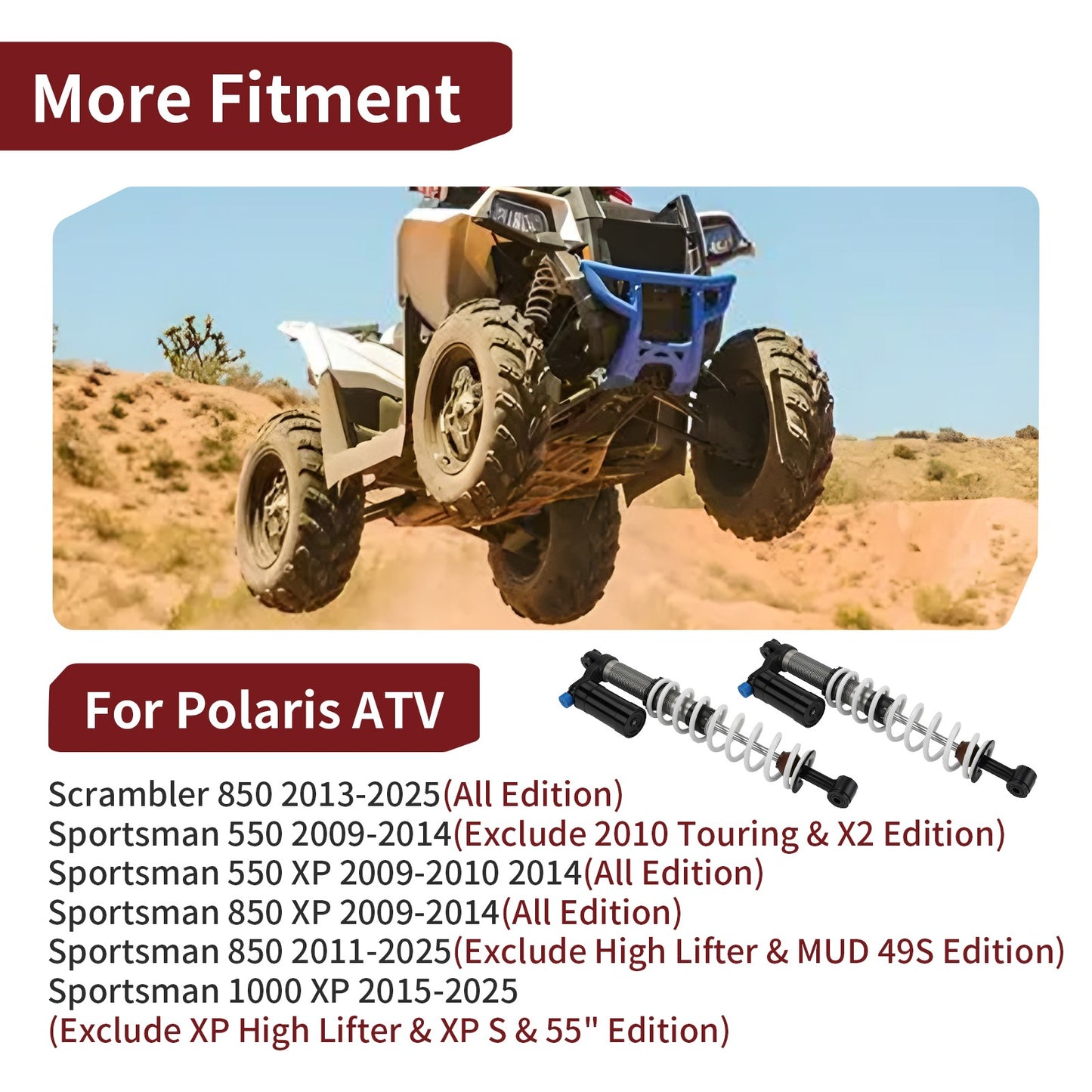 Rear Air Shocks for Polaris Scrambler 850, Sportsman 550, 850, 1000 XP (2014–2023)