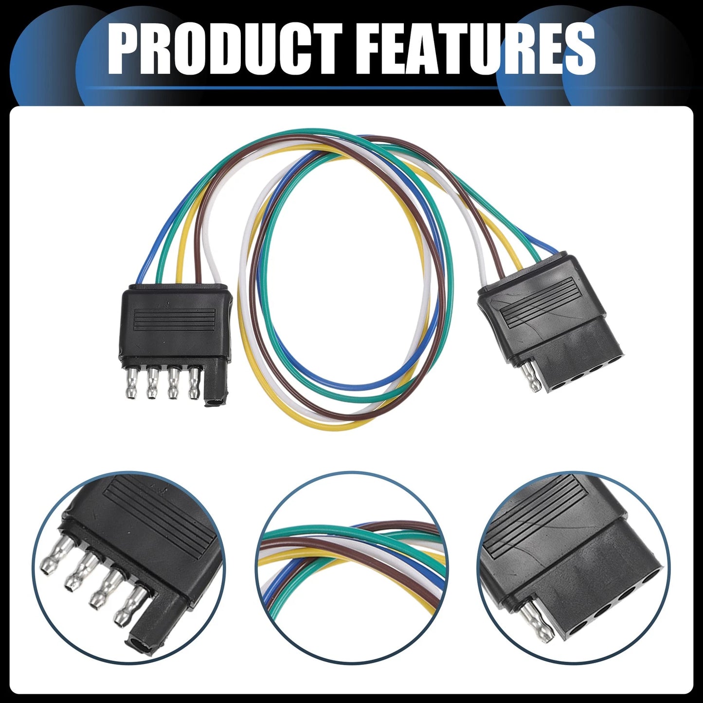 Set of 2 5-Pin Flat Wiring Harness for Car Vehicle-Side Trailer-Side