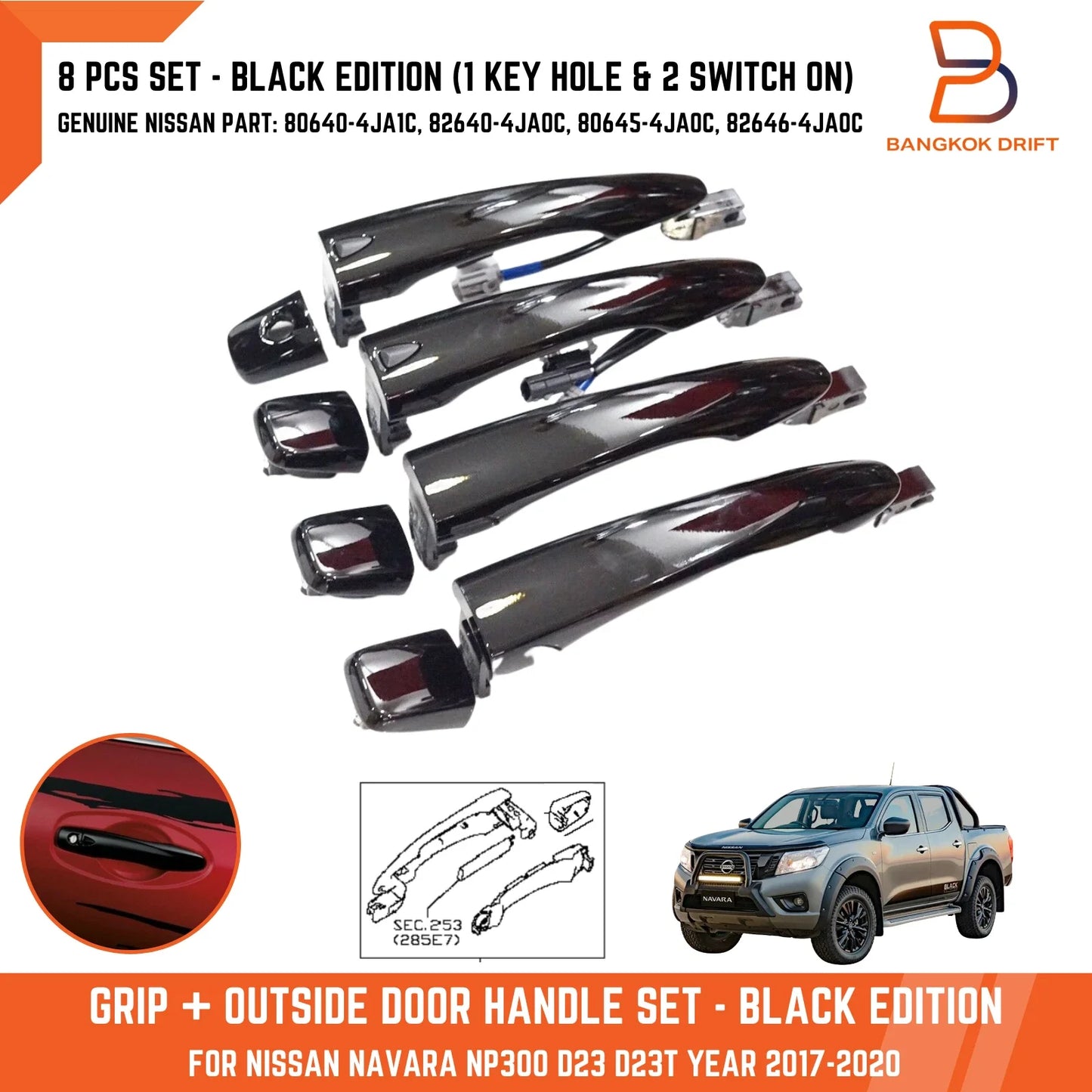 Black Edition Outside Grip Door Handles Set for Nissan Navara NP300 (2015-2023)